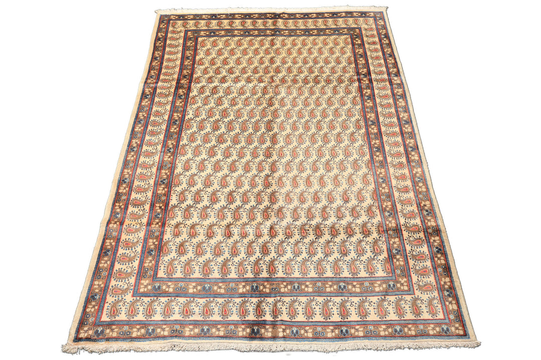 7x10 Beige, Camel, Blue Color Hand Knotted Birjand Wool Traditional Oriental Rug