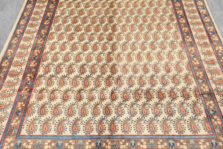 7x10 Beige, Camel, Blue Color Hand Knotted Birjand Wool Traditional Oriental Rug