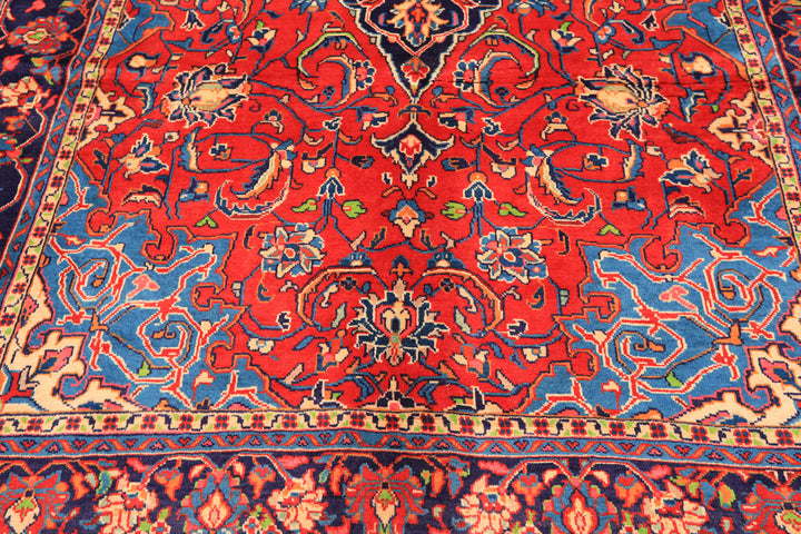 7x11 Red, Navy, Ivory Color Hand Knotted Sarouk Wool Traditional Oriental Rug