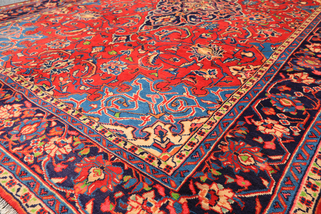 7x11 Red, Navy, Ivory Color Hand Knotted Sarouk Wool Traditional Oriental Rug