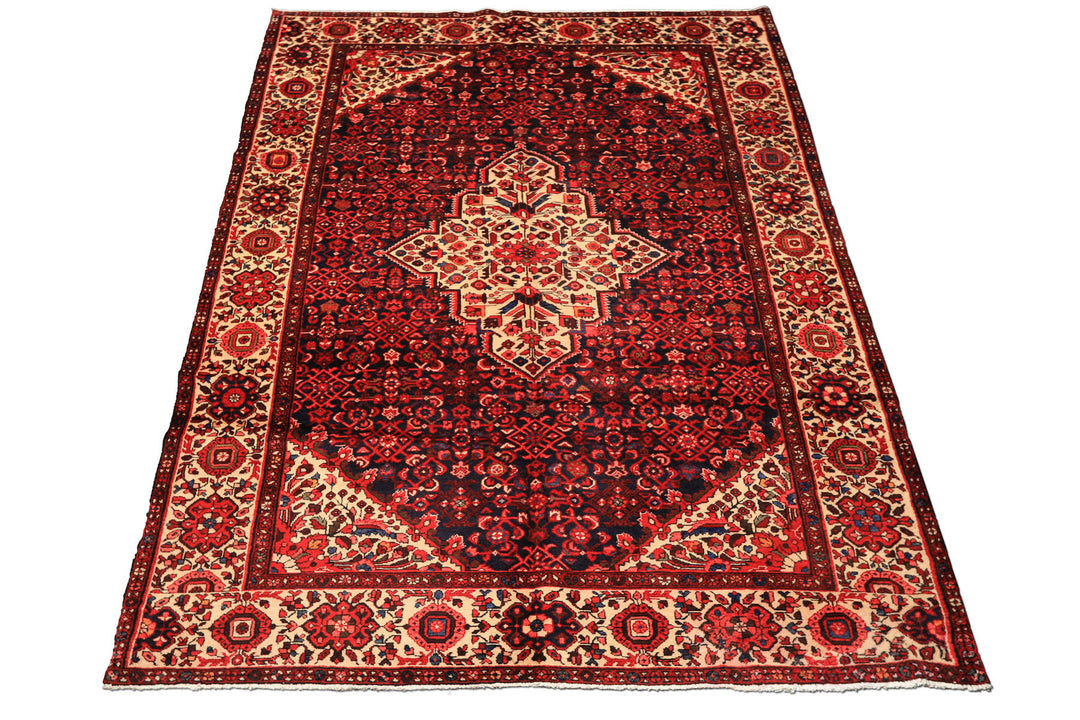 7x11 Midnight Blue, Ivory, Red Color Hand Knotted Hamadan Wool Traditional Oriental Rug