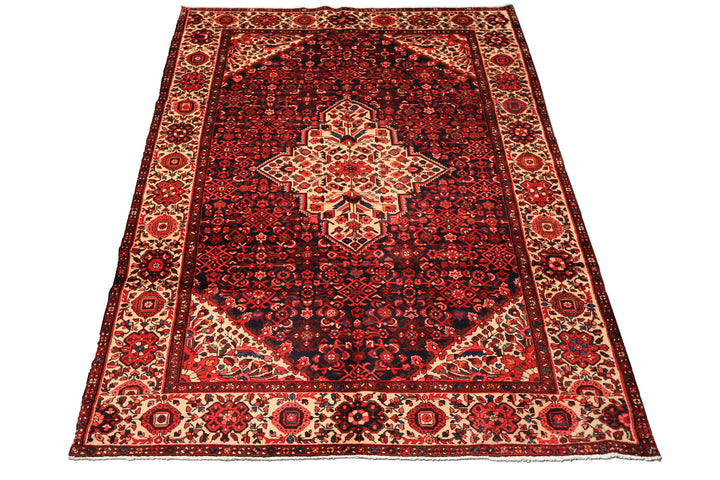 7x11 Midnight Blue, Ivory, Red Color Hand Knotted Hamadan Wool Traditional Oriental Rug