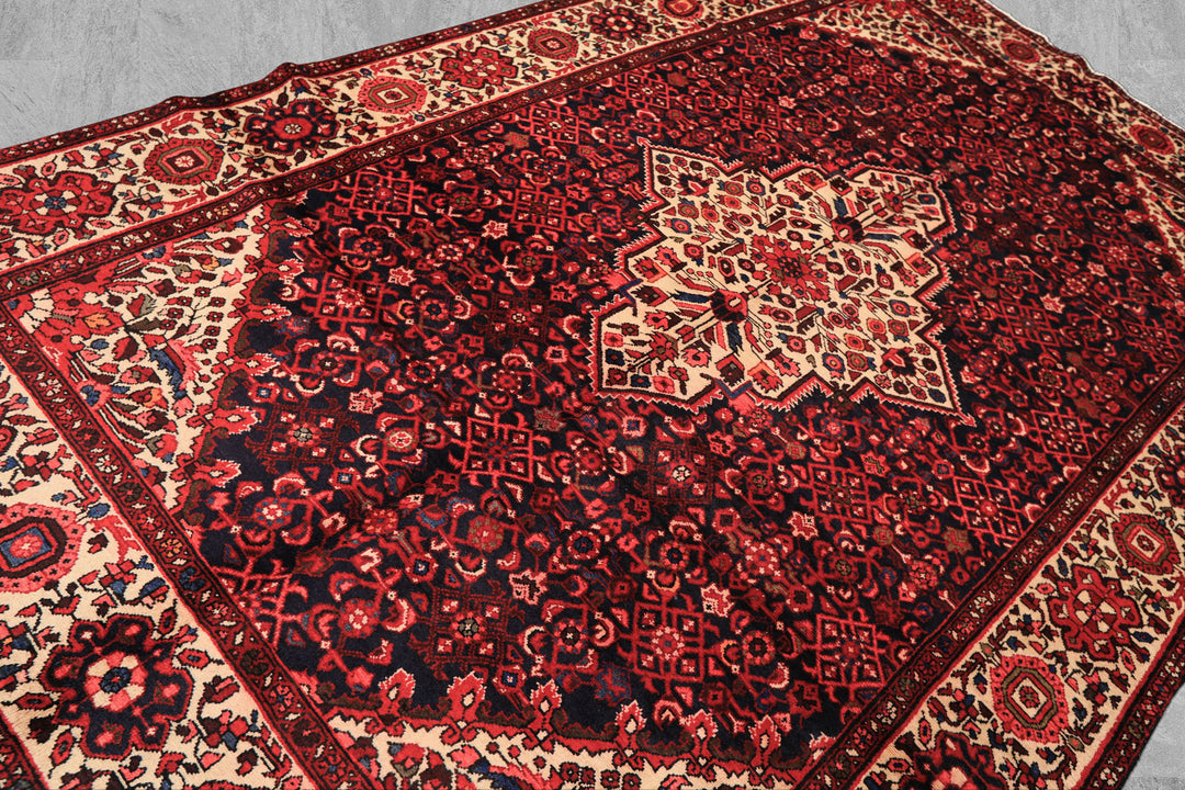 7x11 Midnight Blue, Ivory, Red Color Hand Knotted Hamadan Wool Traditional Oriental Rug