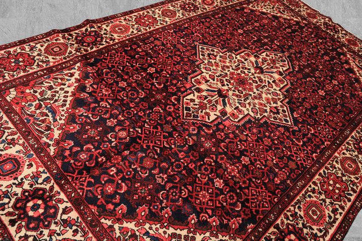 7x11 Midnight Blue, Ivory, Red Color Hand Knotted Hamadan Wool Traditional Oriental Rug
