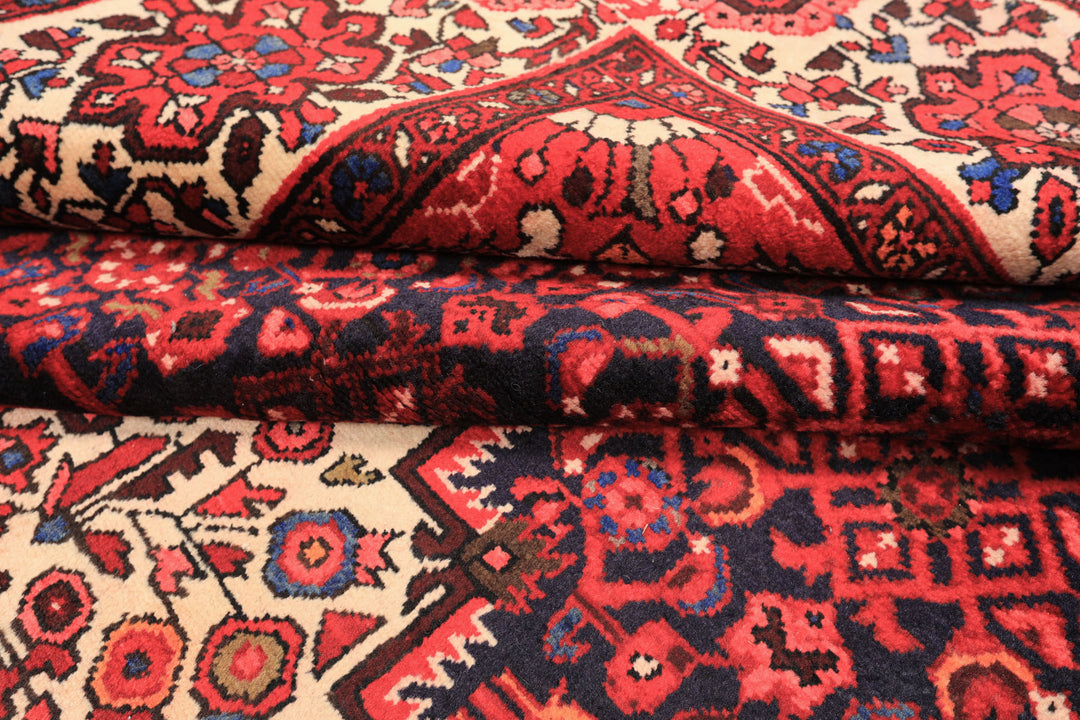 7x11 Midnight Blue, Ivory, Red Color Hand Knotted Hamadan Wool Traditional Oriental Rug