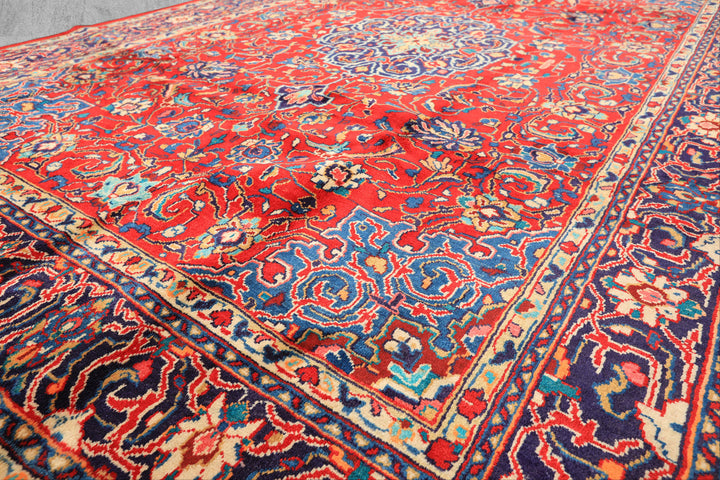 8x11 Red, Navy, Ivory Color Hand Knotted Sarouk Wool Traditional Oriental Rug