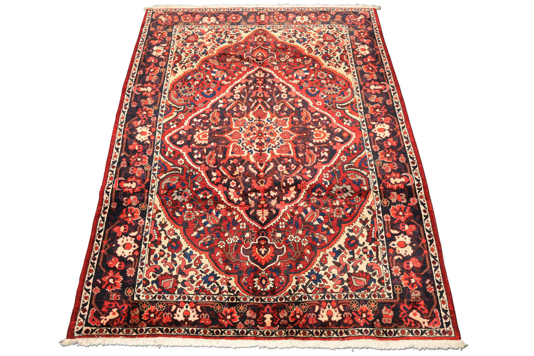 7x10 Rust, Ivory, Midnight Blue Color Hand Knotted Bakhtiari Wool Traditional Oriental Rug