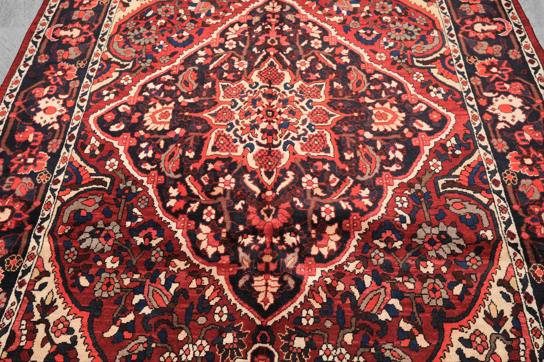 7x10 Rust, Ivory, Midnight Blue Color Hand Knotted Bakhtiari Wool Traditional Oriental Rug