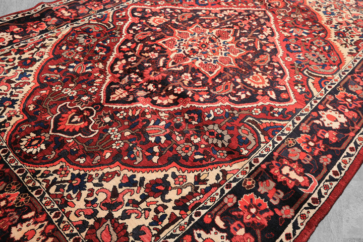 7x10 Rust, Ivory, Midnight Blue Color Hand Knotted Bakhtiari Wool Traditional Oriental Rug