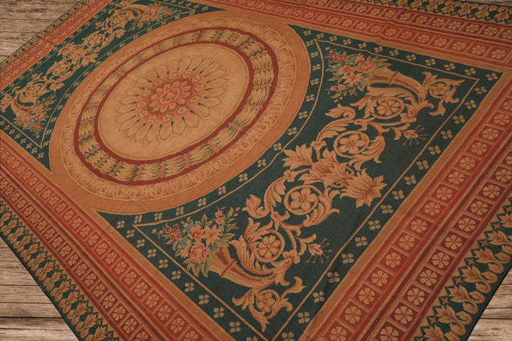 7x11 Teal, Tan, Brown Color Hand Woven French Needlepoint Wool Traditional Oriental Rug