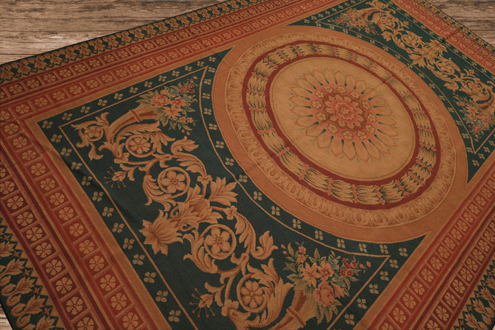 7x11 Teal, Tan, Brown Color Hand Woven French Needlepoint Wool Traditional Oriental Rug