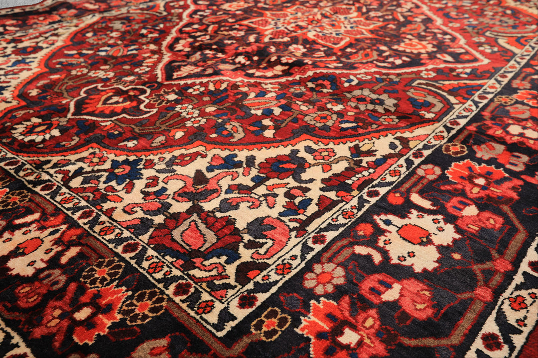 7x10 Rust, Ivory, Midnight Blue Color Hand Knotted Bakhtiari Wool Traditional Oriental Rug