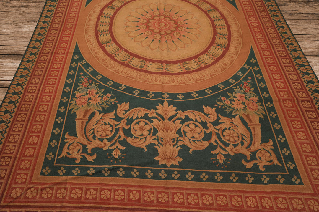 7x11 Teal, Tan, Brown Color Hand Woven French Needlepoint Wool Traditional Oriental Rug