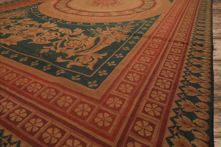 7x11 Teal, Tan, Brown Color Hand Woven French Needlepoint Wool Traditional Oriental Rug