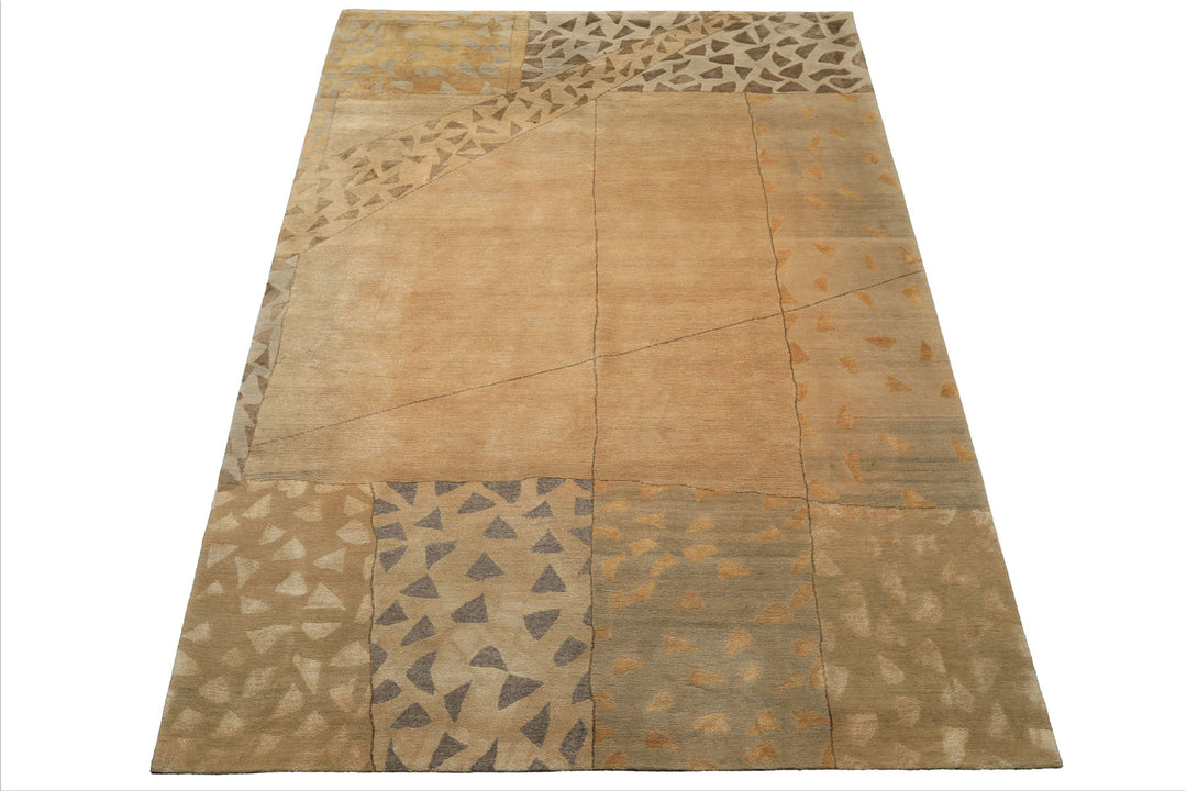 6x9 Beige, Gray, Gold Color Hand Knotted Tibetan Wool & Silk Modern & Contemporary Oriental Rug