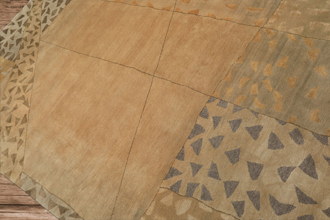 6x9 Beige, Gray, Gold Color Hand Knotted Tibetan Wool & Silk Modern & Contemporary Oriental Rug