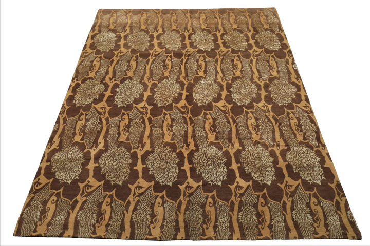 8x10 Brown, Gold, Celadon Color Hand Knotted Tibetan Wool & Silk Transitional Oriental Rug
