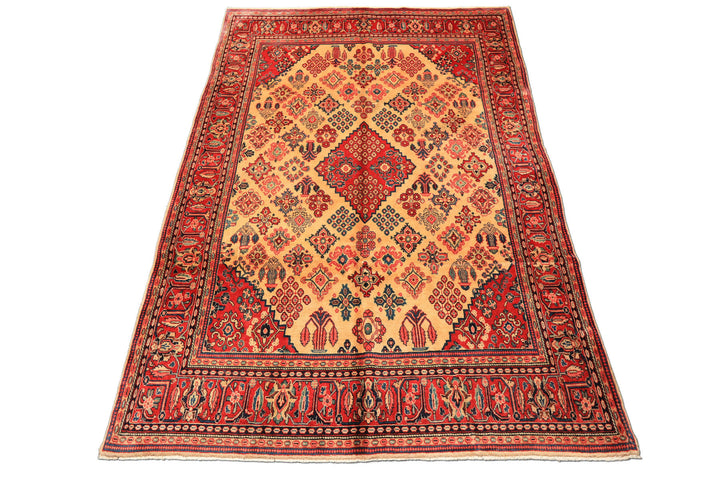 7x10 Light Gold, Ivory, Red Color Hand Knotted Meimeh Wool Traditional Oriental Rug