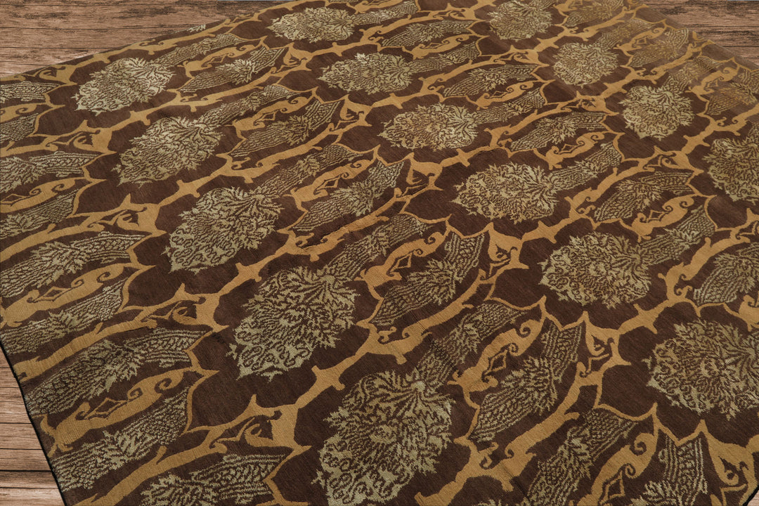 8x10 Brown, Gold, Celadon Color Hand Knotted Tibetan Wool & Silk Transitional Oriental Rug