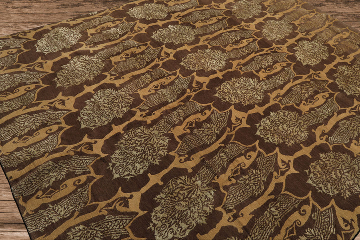 8x10 Brown, Gold, Celadon Color Hand Knotted Tibetan Wool & Silk Transitional Oriental Rug