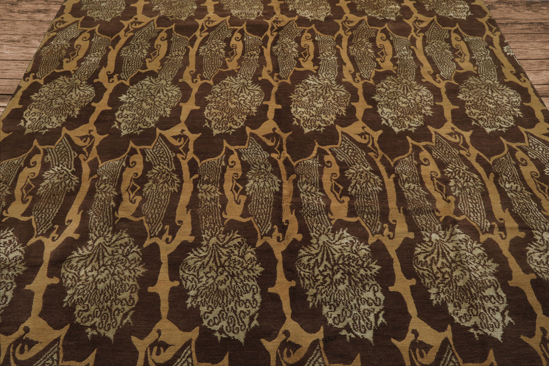 8x10 Brown, Gold, Celadon Color Hand Knotted Tibetan Wool & Silk Transitional Oriental Rug