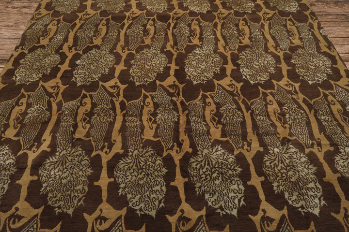 8x10 Brown, Gold, Celadon Color Hand Knotted Tibetan Wool & Silk Transitional Oriental Rug