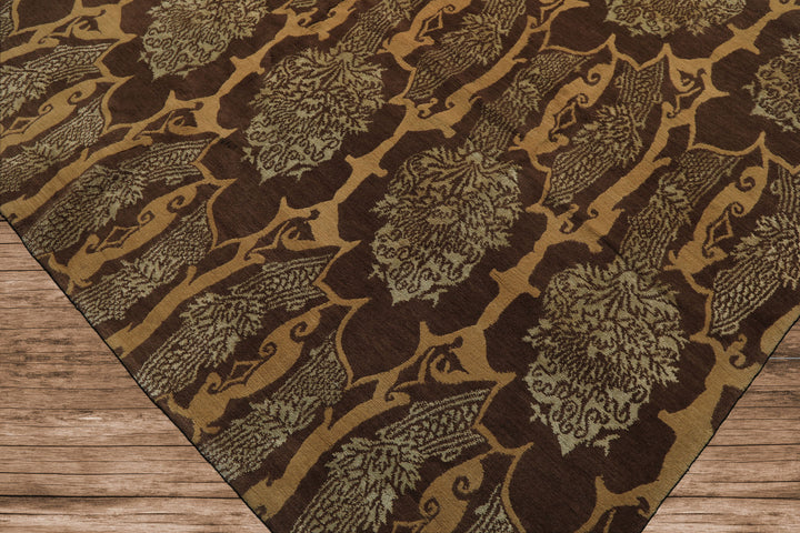 8x10 Brown, Gold, Celadon Color Hand Knotted Tibetan Wool & Silk Transitional Oriental Rug