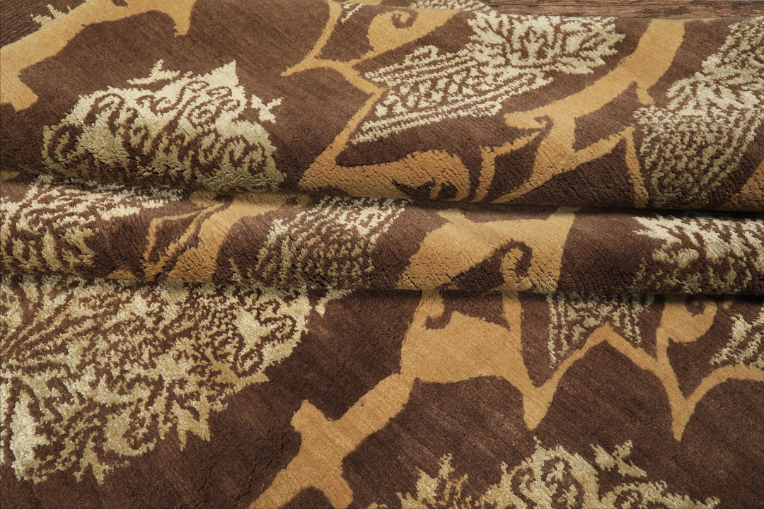 8x10 Brown, Gold, Celadon Color Hand Knotted Tibetan Wool & Silk Transitional Oriental Rug