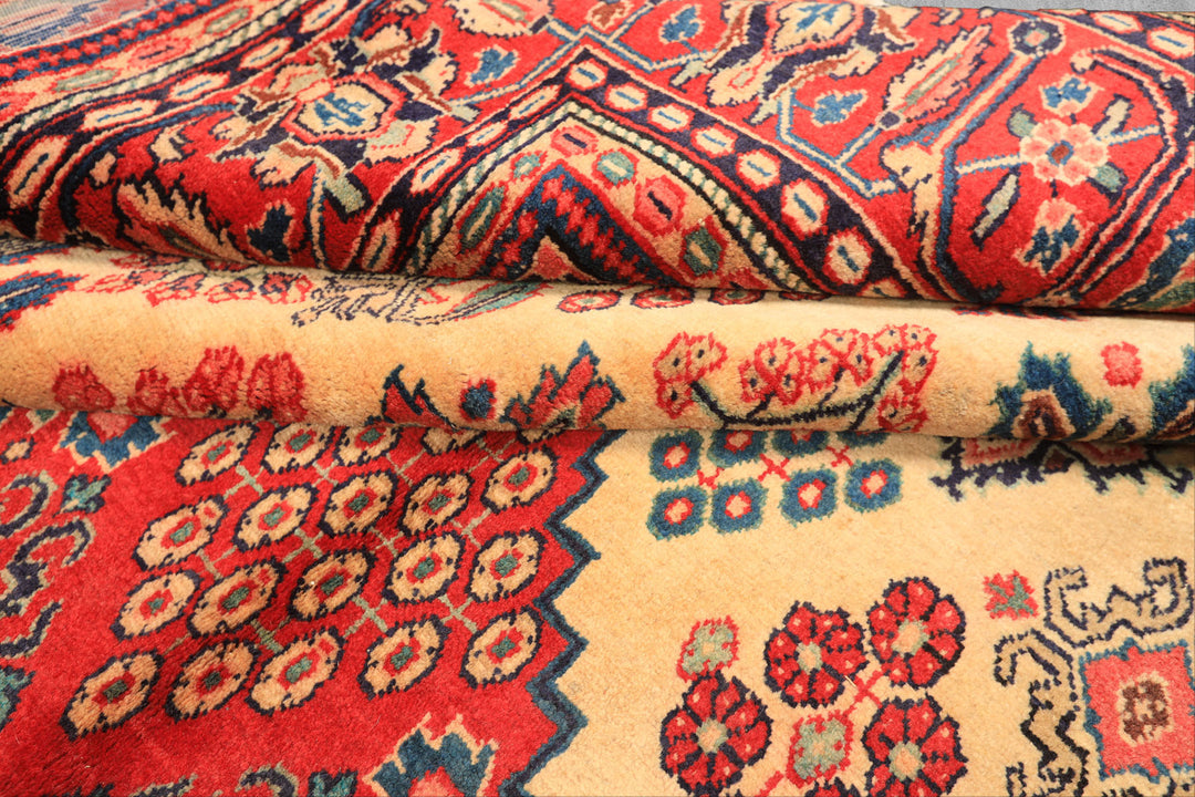 7x10 Light Gold, Ivory, Red Color Hand Knotted Meimeh Wool Traditional Oriental Rug
