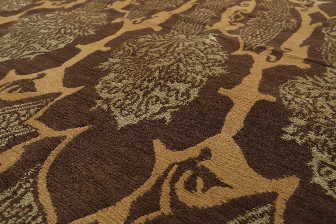 8x10 Brown, Gold, Celadon Color Hand Knotted Tibetan Wool & Silk Transitional Oriental Rug