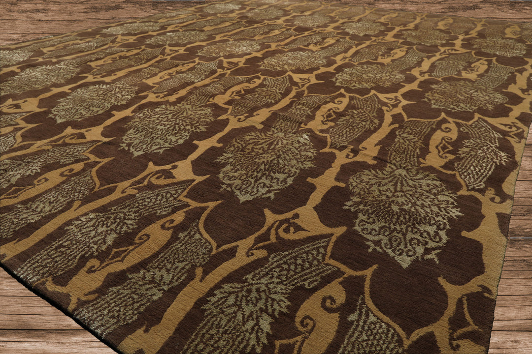 8x10 Brown, Gold, Celadon Color Hand Knotted Tibetan Wool & Silk Transitional Oriental Rug