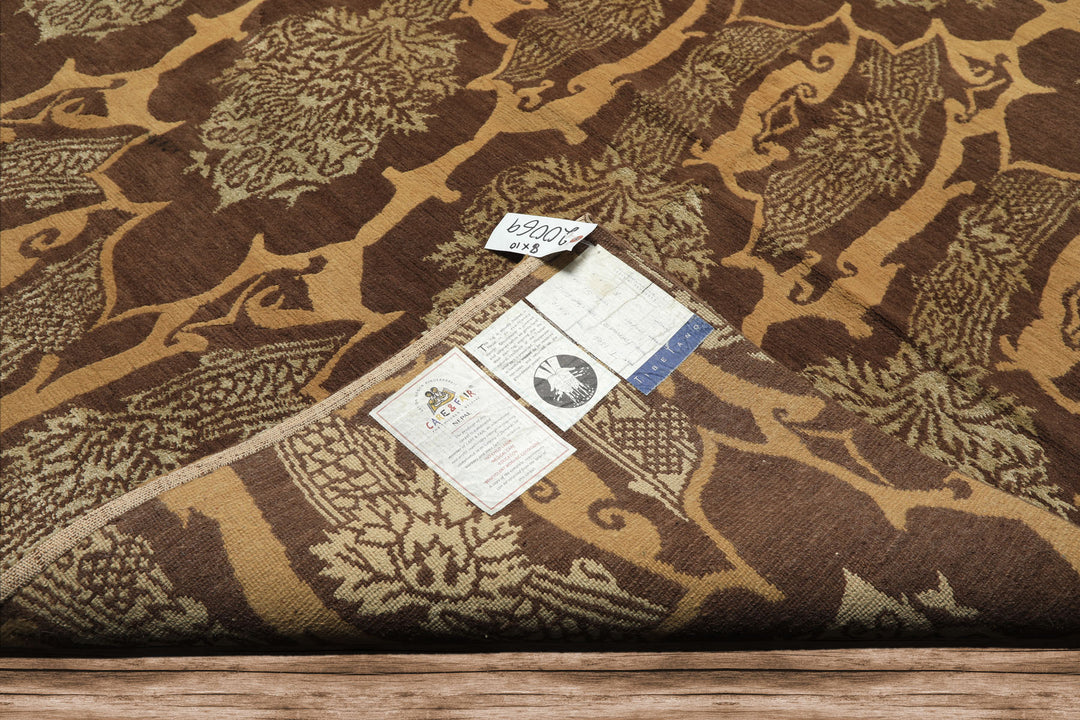 8x10 Brown, Gold, Celadon Color Hand Knotted Tibetan Wool & Silk Transitional Oriental Rug