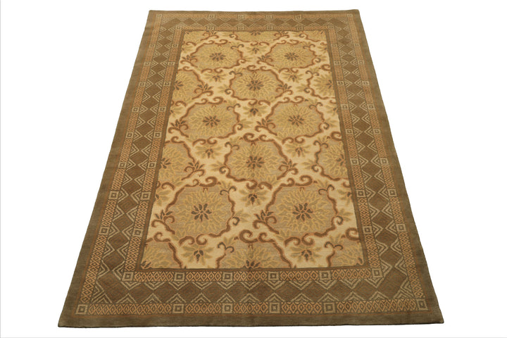 6x9 Beige, Moss, Brown Color Hand Knotted Tibetan Wool & Silk Transitional Oriental Rug