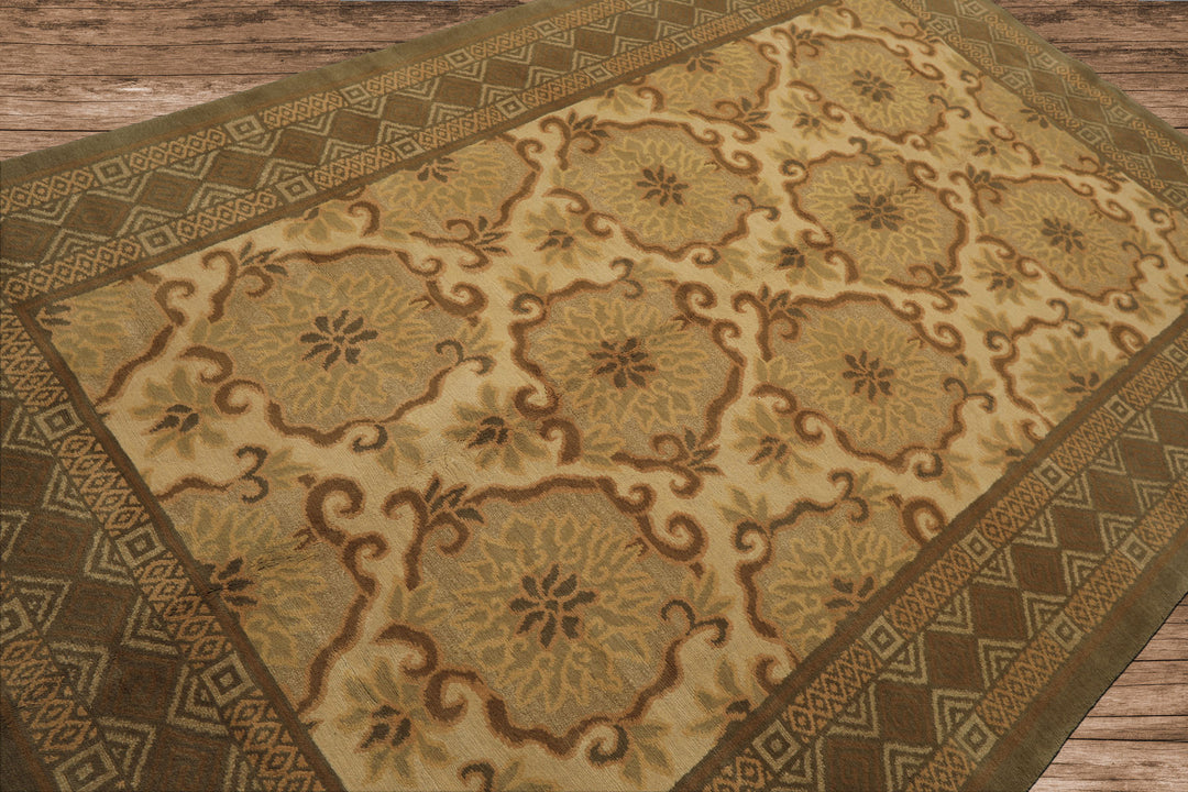 6x9 Beige, Moss, Brown Color Hand Knotted Tibetan Wool & Silk Transitional Oriental Rug