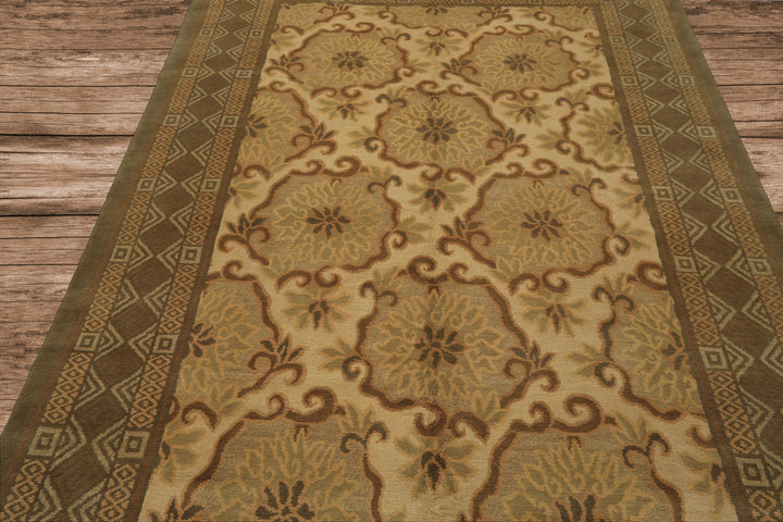 6x9 Beige, Moss, Brown Color Hand Knotted Tibetan Wool & Silk Transitional Oriental Rug