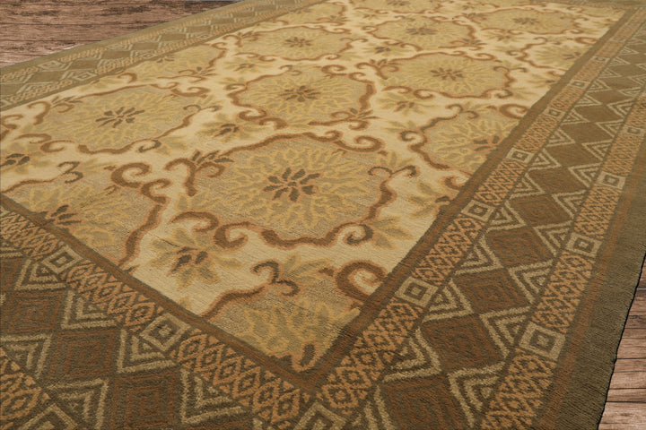 6x9 Beige, Moss, Brown Color Hand Knotted Tibetan Wool & Silk Transitional Oriental Rug