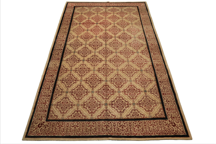 8x12 Beige, Burgundy, Charcoal Color Hand Knotted Tibetan Wool & Silk Transitional Oriental Rug
