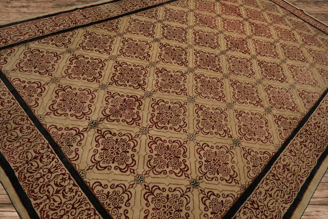 8x12 Beige, Burgundy, Charcoal Color Hand Knotted Tibetan Wool & Silk Transitional Oriental Rug