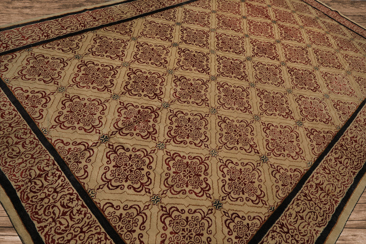 8x12 Beige, Burgundy, Charcoal Color Hand Knotted Tibetan Wool & Silk Transitional Oriental Rug