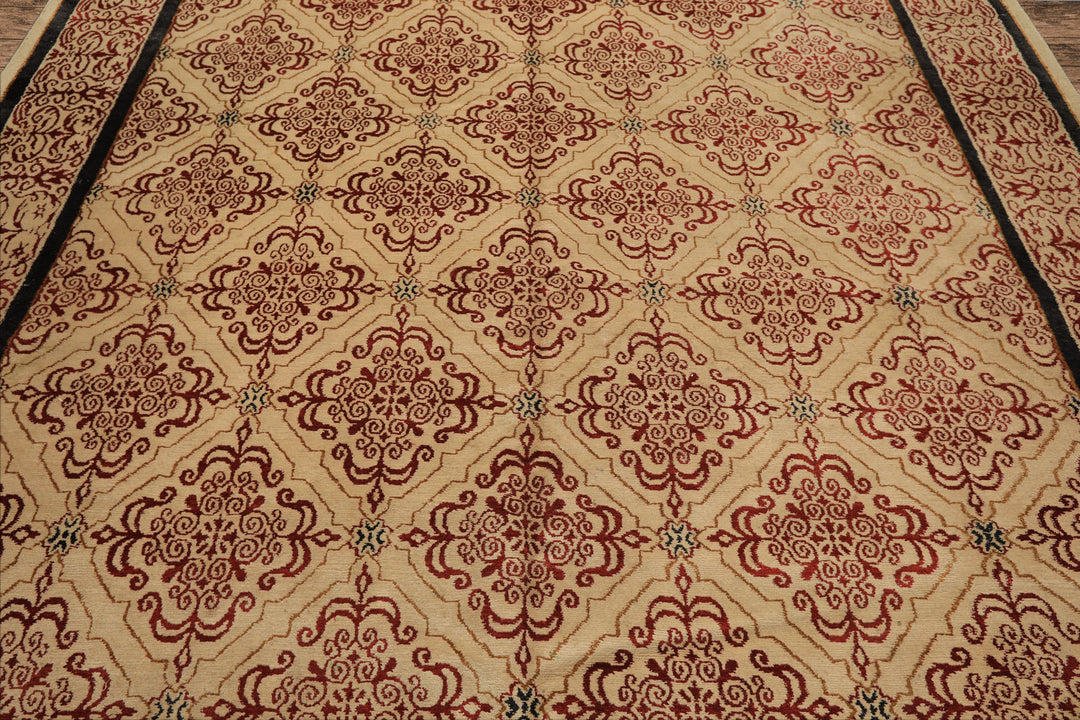 8x12 Beige, Burgundy, Charcoal Color Hand Knotted Tibetan Wool & Silk Transitional Oriental Rug