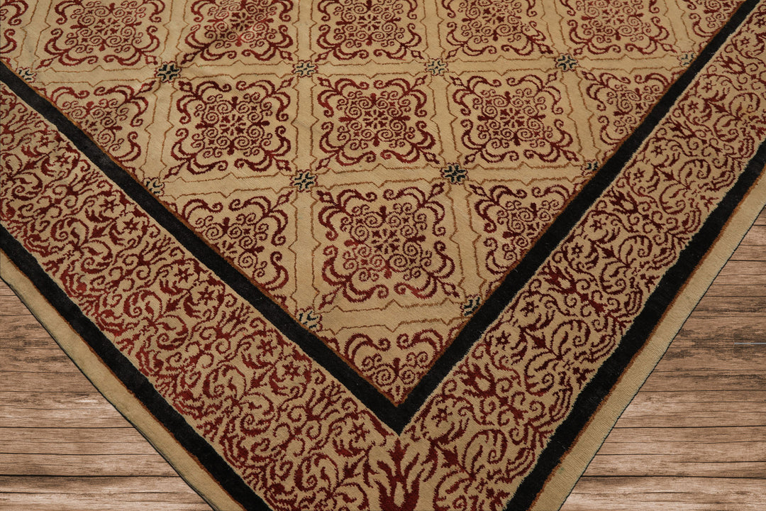 8x12 Beige, Burgundy, Charcoal Color Hand Knotted Tibetan Wool & Silk Transitional Oriental Rug