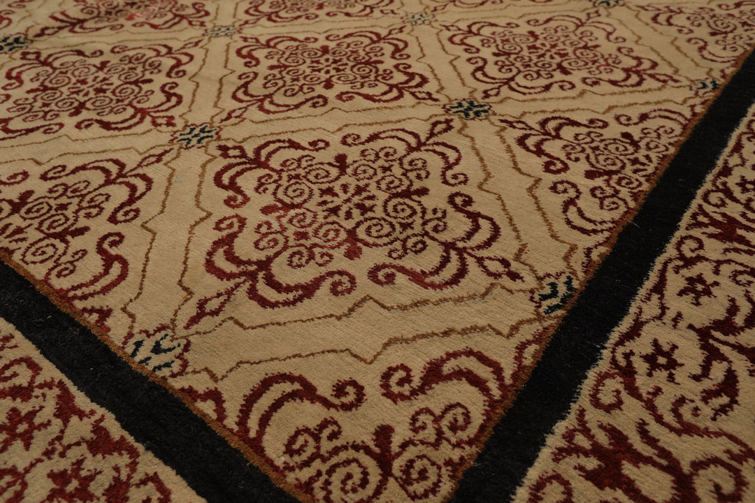 8x12 Beige, Burgundy, Charcoal Color Hand Knotted Tibetan Wool & Silk Transitional Oriental Rug