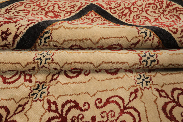 8x12 Beige, Burgundy, Charcoal Color Hand Knotted Tibetan Wool & Silk Transitional Oriental Rug