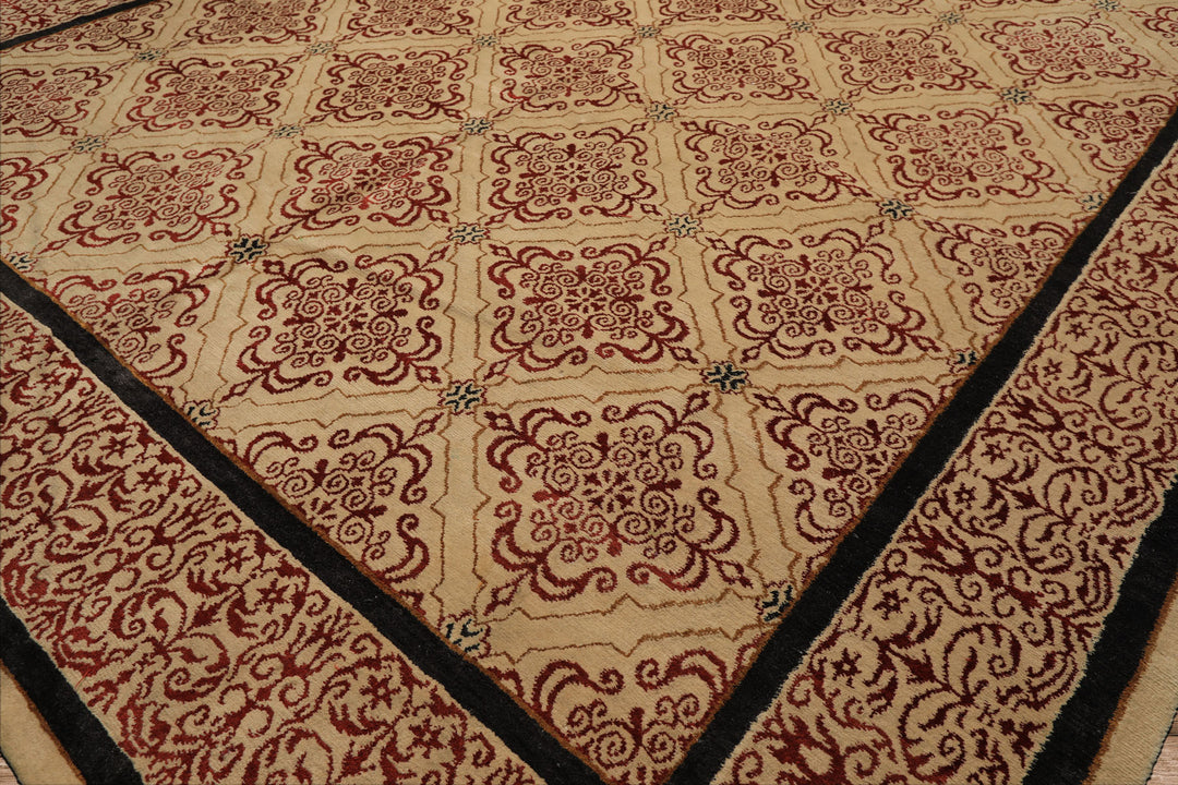 8x12 Beige, Burgundy, Charcoal Color Hand Knotted Tibetan Wool & Silk Transitional Oriental Rug