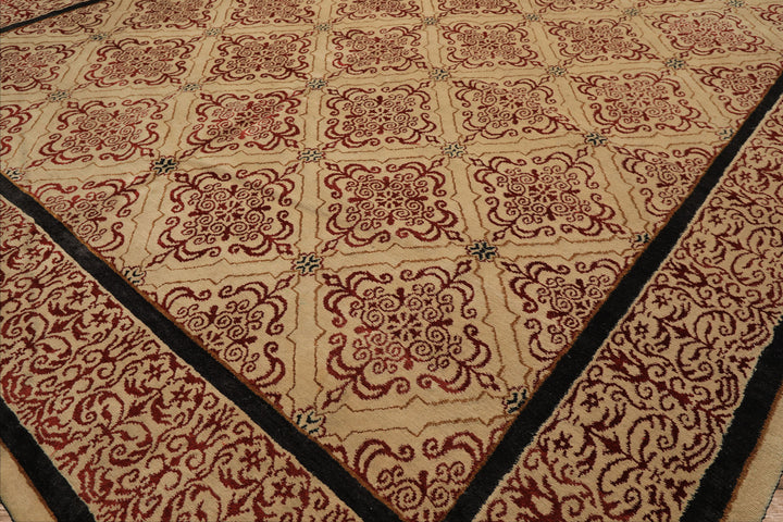 8x12 Beige, Burgundy, Charcoal Color Hand Knotted Tibetan Wool & Silk Transitional Oriental Rug