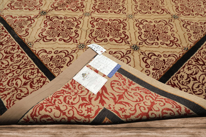 8x12 Beige, Burgundy, Charcoal Color Hand Knotted Tibetan Wool & Silk Transitional Oriental Rug