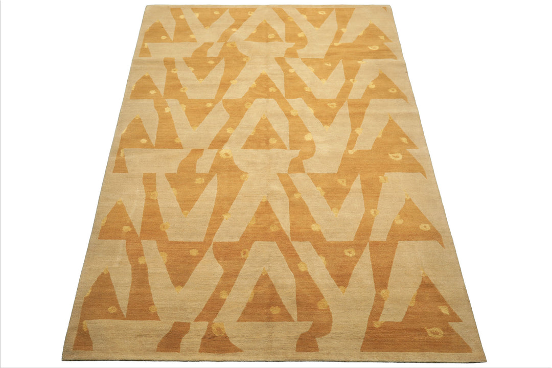 6x9 Beige, Gold, Tan Color Hand Knotted Tibetan Wool & Silk Modern & Contemporary Oriental Rug