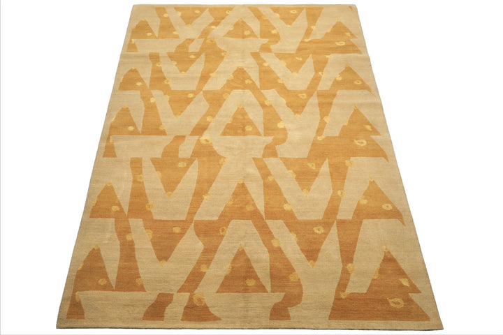 6x9 Beige, Gold, Tan Color Hand Knotted Tibetan Wool & Silk Modern & Contemporary Oriental Rug