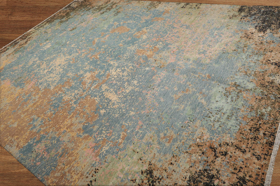 Celeste Rugs 9x12 Hand Knotted Wool & Silk Sherpa Modern & Contemporary Oriental Area Rug Aqua Peach Color