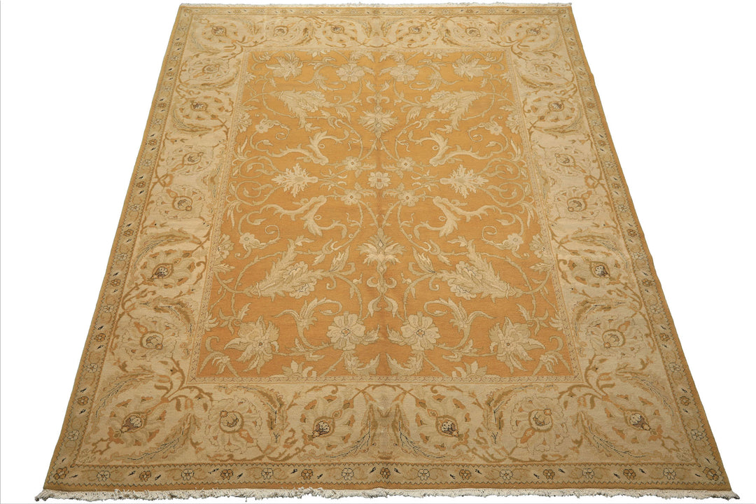 8x9 Gold, Beige, Ivory Color Hand Knotted Agra Wool Traditional Oriental Rug
